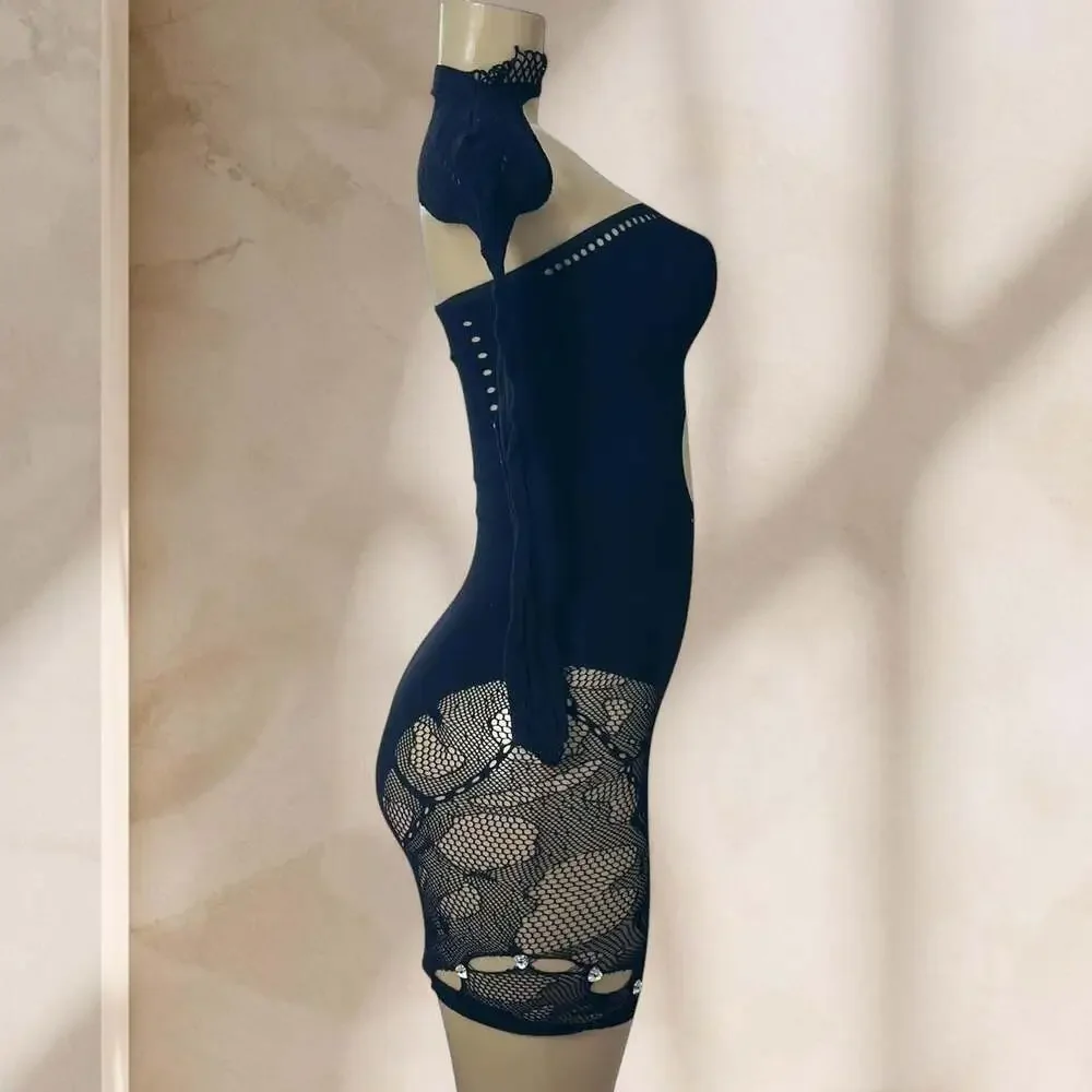 Black Cutout Mini Dress β Long Sleeve Choker Bodycon Rhinestone Detail Sexy Y2K - Picture 3 of 4